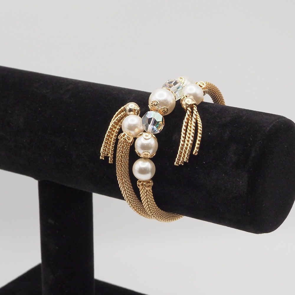 Vintage Mesh Wrap Bracelet Gold Tone Faux Pearl AB Beaded Bypass Coil Tassel